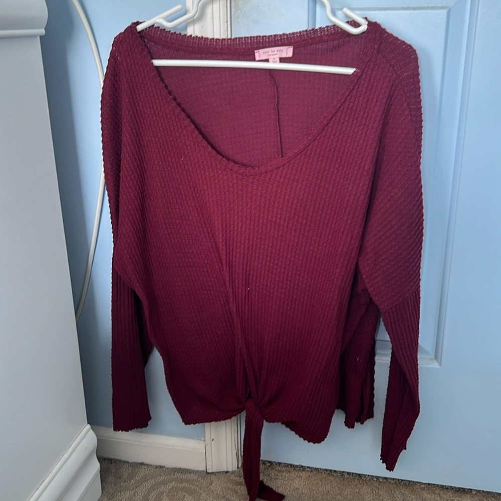 Maroon Waffle Tie Front Long Sleeve Top